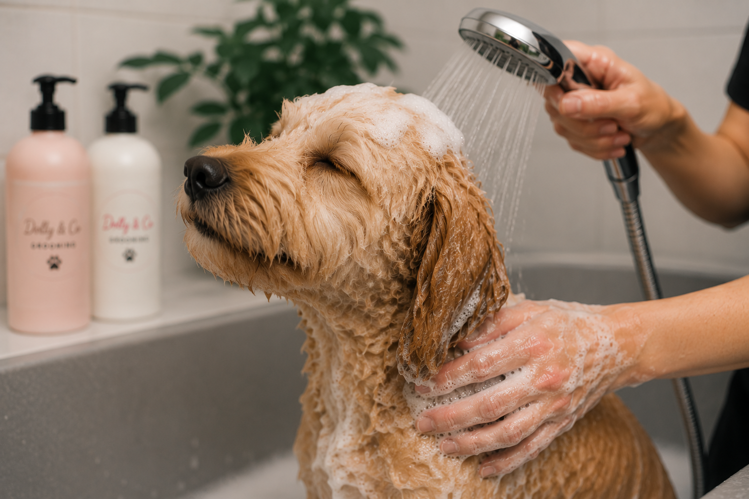 Dog having a bath and a blow dry in Hockley